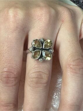 Citrine Flower Cluster Sterling Silver Gemstone Ring - Size 8